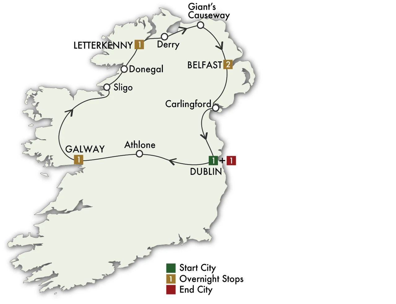 7 Day Evergreen Ireland North Itinerary Map