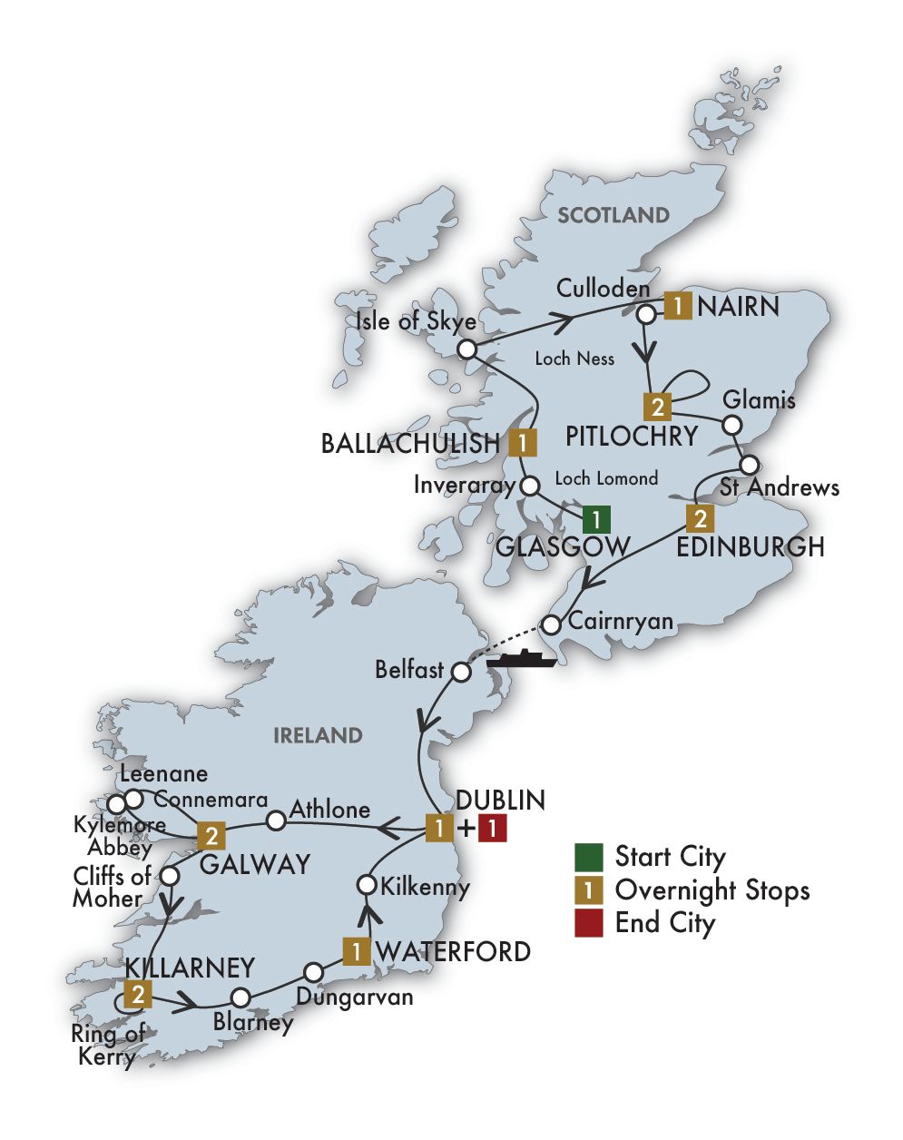 15 Day Scottish & Irish Gold Itinerary Map