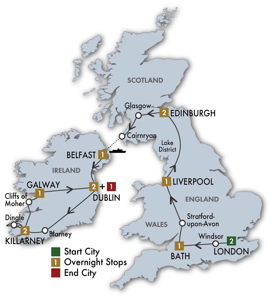 14 Day Taste Of Britain & Ireland Itinerary Map