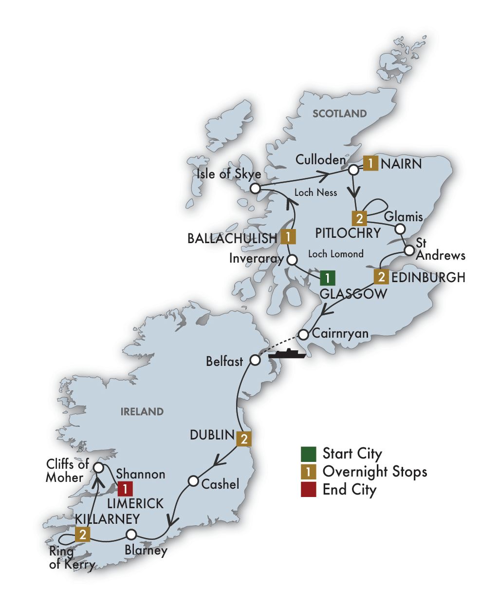 13 Day Scottish & Irish Dream Itinerary Map