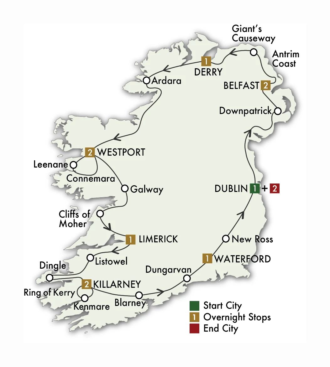 13 Day Irish Classic Itinerary Map