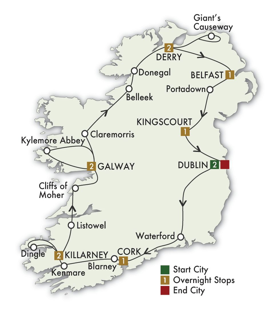 12 Day Irish Odyssey Self-Drive Itinerary Map