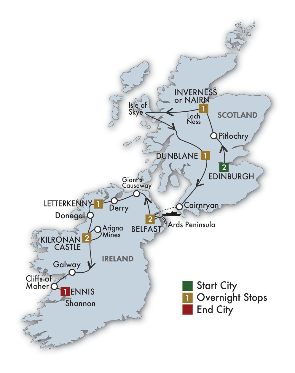 11 Day The Scots Irish Tour Itinerary Map